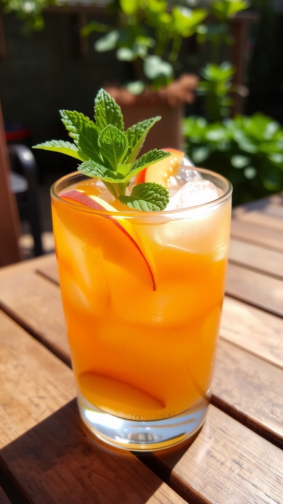 A refreshing Peach Rum Cooler cocktail with peach slices and mint garnish in a sunny outdoor setting.